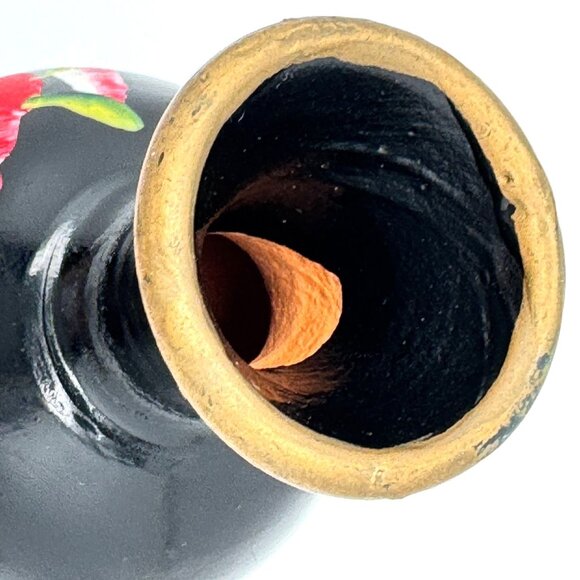 Ceramic Vase With Red & Yellow Floral Design Vintage Hand-Painted Black - Picture 8 of 12